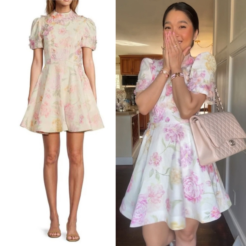 NWT Antonio Melani Iris Linen Floral Puff Sleeve A-Line Mini Dress Sz 8